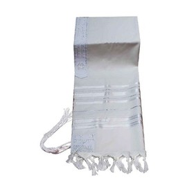 100% Wool Tallit Prayer Shawl in White and Silver Stripes Size 47" L X 68" W (Size 50)