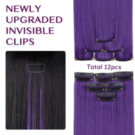 IDN BEAUTY Colored Clip in Hair Extension, 12PCS Deep Purple 24Inch Invisible Clip Straight Synthetic Hair Pieces for Women Kids Girls, Hair Accessories for Party Cosplay Travel Birthday