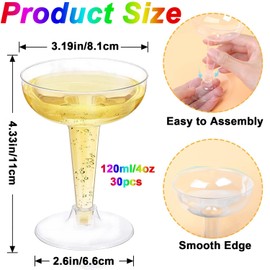 WADY 30 Pack Plastic Champagne Flutes, 120ML Plastic Champagne Glasses, 4 OZ Plastic Glitter Champagne Flutes, Perfect for Wedding, Thanksgiving Day, Christmas, Birthdays, Outdoor & Parties (Clear)