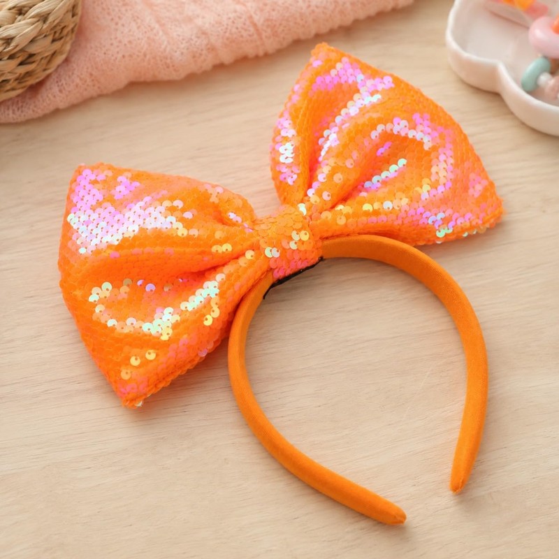 Orange Big Hair Bow Headband, Sequin Party Glitting Headwear for
