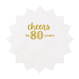 VOWFOO Servilletas de cóctel de 80 cumpleaños, 100 servilletas desechables de papel de felicitación a 80 años, para decoración de mesa de fiesta de cumpleaños 80, 5 x 5 de dos capas (saludos a 80 años)