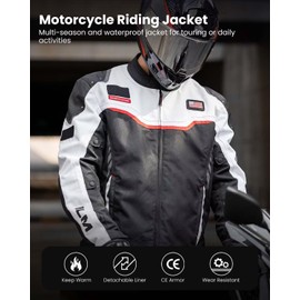 ILM Motorcycle Mesh Jacket with CE Armor and Detachable Waterproof Liner Dual Sport All Season Riding for Men Model JRC2-S White, 3XL