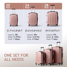 Karl home Karl home 3-Piece Luggage Set Travel Lightweight Suitcases with Rolling Wheels, TSA lock & Moulded Corner, Carry on Luggages for Business, Trip, Rose Gold (20"/24"/28")