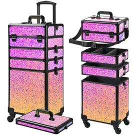 GALHUBIS Rolling Makeup Case, Makeup Train Case with Lid, 5 in 1 Cosmetology Case on Wheels, Christmas Gift, Large Makeup Case Organizers, Profesional Cosmetic Case for Salon Barber,Black Colorful