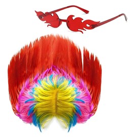 Funny Wigs, Fancy Dress Wig With Glasses, 80s Street Punk Wigs In Red, Includes 1 Mohawk Wig And 1 Pair Of Punk Style Glasses for Holiday Dress Up Party Costumes (Red)