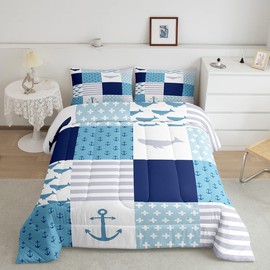 Anchor Pattern Comforter Set Cartoon Whale Bedding Set for Kids Girls Women Adults Stripes Grid Comforter Blue Navy White Quilted Duvet Set Bedroom Collection Twin Size 2Pcs