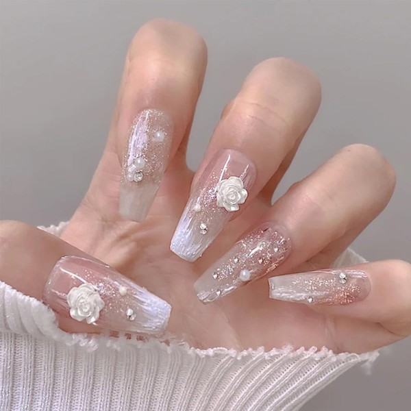 24Pcs White Rose Press on Nails 3D Flower Fake Nails