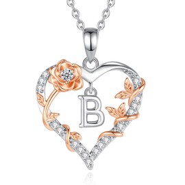 EUDORA Rose Heart Initial B Necklace for Women Letter B Alphabet Initial Necklaces Copper Rhodium Plated Pendant with Cubic Zirconia, Initials Jewelry Gifts for Women Wife 18"