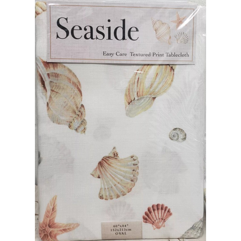 Benson Mills Printed Fabric Tablecloth 60"x84" Oval (6-8 people) SEALIFE,SEASHELS,SEASIDE,BM