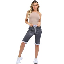 Fashion Trends New Italian Ladies Women's Elastic Waist Cotton Turn Up Shorts Size UK Fit 10-20 (Black, 16-22)