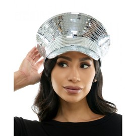 CAPTAIN HAT BURNING MAN STEAMPUNK HAT CAPS SAILOR BACHELORETTE PARTY DISCO MIRROR GLASS HAT MUSIC FESTIVAL HAT (Silver)