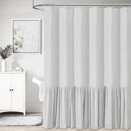 BTTN Farmhouse Shower Curtain - Rustic Heavy Duty Fabric Linen Shower Curtain Set with Ruffle Hem, Machine Washable, Vintage Country Shabby Chic Cloth Shower Curtains for Bathroom, Gray/Grey, 72x72