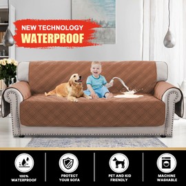 PrinceDeco 100% Waterproof Couch Cover for 3 Cushion Couch Sofa Pet Friendly Non-Slip Couch Cover for Dogs Washable Water Resistant Furniture Protector with Elastic Straps(XL Sofa 78", Terracotta)