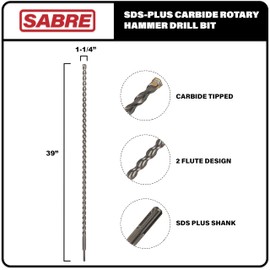 Sabre Tools 1-1/4 Inch x 39 Inch SDS Plus Rotary Hammer Drill Bit, Carbide Tipped for Brick, Stone, Concrete (1-1/4" x 37" x 39")