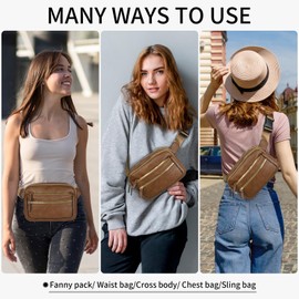 QOECI Leather Fanny Pack for Women Men Belt Bag with Multi-function Pocket, Crossbody Fanny Packs for Women Fashion Waist Packs with Adjustable Straps Cross Body Bag Travel Chest Bag