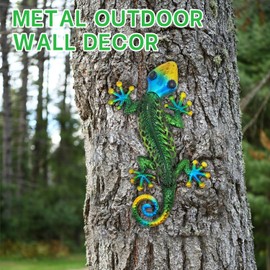 POXOHO 14“ Metal Handmade Leaves Lizard Wall Hanging Decor Wall art Green Gecko Outdoor Sculpture Indoor Porch Decoration, Garden , Courtyard, Living Room Decor