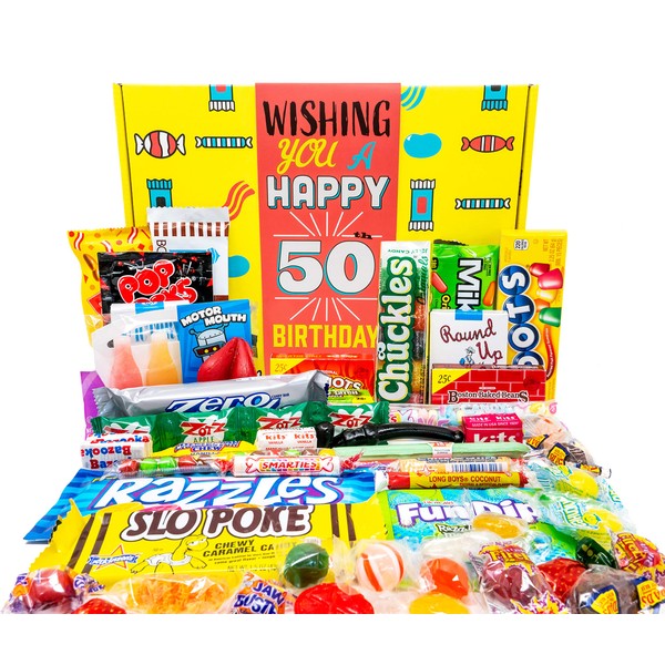 Woodstock Candy - 50th Birthday Gift Basket Box - Milestone Birthday Gift Ideas for Women and Men Turning 50 - Retro Childhood Candy 50th Birthday Gag Gifts for Dad Mom - Party Table Centerpiece