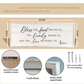 Bless the Food Before Us Wall Decor Sign 32" X 12" Home Dining Room Wall Decor Framed Wood for Large Farmhouse Vintage Country Kitchen Living Room Wall Hanging Art (White)