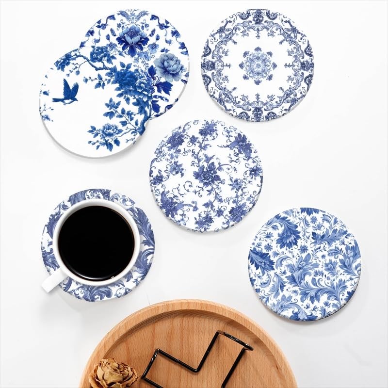 BaHomeck Absorbent Coasters for Drink Set of 6,Bule and White