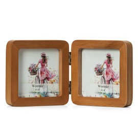 Wontree 4x4 Square Double Vertical Horizontal Hinged Foldable Combo Rounded Corner Picture Frame, Walnut-Colored Pine Wood with Real Glass, Free-Standing Desk Tabletop or Wall Hanging