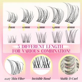 Yawamica Lash Clusters Kit Natural Lash Extension Kit 8-16mm Wispy Eyelash Clusters Clear Band D Curly Cluster Eyelash Extensions Waterproof Individual Lashes DIY Lash Kit with Bond and Seal Tweezers
