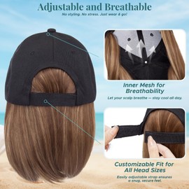 MY-LADY Hat Wig Hat with Hair Attached for Women Baseball Cap with Hair Extensions Adjustable Short Straight Synthetic Hairpiece 6" Black Cap to 10P22T