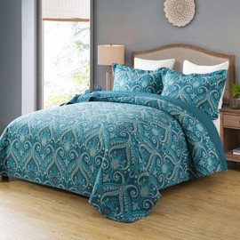 Travan 3-Piece Cotton Quilt Set Quilted Bedding Set for All Season, Cyan Blue Flower, King Size