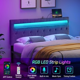 GREENSTELL Headboard for Full Size Bed with 60,000 DIY Color of LED Light, USB & Type C Post, Attach Frame, Height Adjustable, Gray Wall Mounted Head Boards Only, Sturdy & Stable, Comfortable, Full