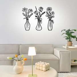 familaha 3 Pieces Metal Flowers Wall Art, Black Wall Decors, Rustic Farmhouse Decor, Minimalist Flower Vase Wall Hanging Decoration for Living room Bathroom Dining Room Bedroom, Housewarming Gifts