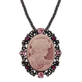 Alilang Vintage Inspired Sparkly Crystal Rhinestones Cameo Lady Victorian Maiden Pendant Necklace, Pink