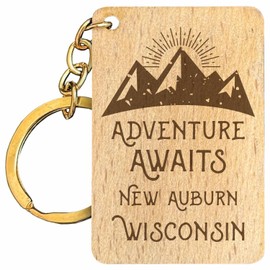 R and R Imports New Auburn Wisconsin Souvenir Rectangle Engraved Wooden Keychain Adventure Awaits Single