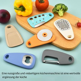 Tragbare Küchenhelfer, Küchenhelfer Set, Edelstahl 6-teilig Küchenutensilien, Camping Zubehör, Käsereibe, Flaschenöffner, Obst-/Gemüseschäler, Pizzaschneider, Ingwermühle, Camping Gadgets (V)