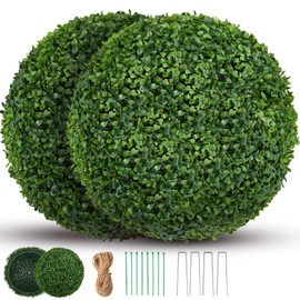 TTDMK 16-Inch Topiary Balls Artificial Outdoor Set of 2, 4 Layers UV Resistant Faux Boxwood Balls with Ground Pegs and String, Artificial Boxwood Topiary Outdoor Set of 2 for Outdoors and Indoors