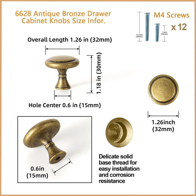 Goo-Ki 6 Pack Antique Brass Cabinet Drawer Knob Kitchen Hardware