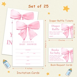 Jdgbo Pink Bow Baby Shower Invitations For Girl, Girl Baby Shower Party Invitations Gender Neutral, 25 Invitation Cards with Envelope Diaper Raffle Tickets Book Request Cards-002tz