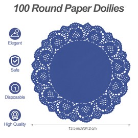 MCEAST 100 Pack Round Blue Paper Doilies 13.5 Inches Lace Paper Place Mats Rustic Scallop Doily Disposable Paper Table Pads for Food Cakes Crafts Party Weddings Tableware Decor