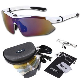 FERRY Polarized Lens Sports Sunglasses Full Set with 5 exclusive replacement lenses. Unisex / 7 Colors , white