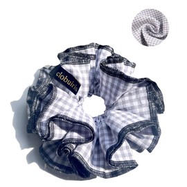 Vintage Plaid Cotton Scrunchies for Women - Extra Large 6.2 in (16cm) Hair Ties with Layered, 17 Colors Retro Hair Accessories for School & Daily Use (Classic Checkered) (Grey, Baby)