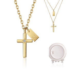 SXSEAGLE Cross Necklace with A-Z Initial Pendant, 24K Gold-Plated 5A Cubic Zirconia & Star Pendant, Christian Jewelry for Women, Religious Gift, Faith Necklace with Ceramic Jewelry Tray
