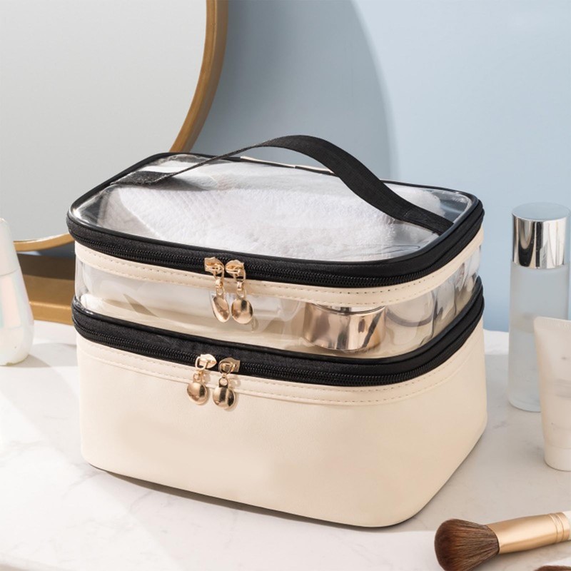 Double Layer Makeup Bag Waterproof, Spacious Alloy Zippers Durable Handle