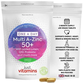 Multivitamins A–Zinc 50+ | 90 Vegan Tablets | Advanced Formula with 34 Nutrients | Supports Energy, Heart, Brain & Immune Health | with BioPerine® for Enhanced Absorption | UK Made | Just Vitamins
