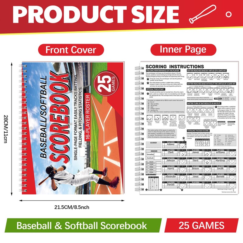 Maitys 2 Pcs Side by Side Baseball Scorebook 11 x