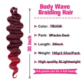Unionbeauty Pre-Feathered Brading Hair 30 Inch 9 Packs Ombre Burgundy Body Wave Braiding Hair for Goddess Boho Box Braids Easy Braids Synthetic Crochet Hair Extension French Curl Crochet Braids(TBUG#)