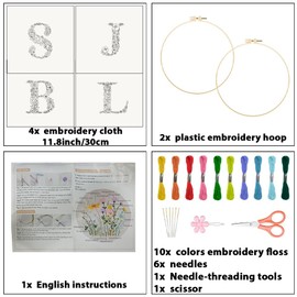 ORIGACH 4 Pack Initial Letters and Flowers Embroidery Kits for Beginners, DIY Starter Embroidery Kit with Floral Monogramed Letters B J S L Patterns and Instructions for Adults Women Crafting