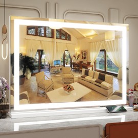 ROLOVE Vanity Mirror with Lights, 32" x 22" Large Lighted Vanity Mirror with Dimmable 3 Modes, LED Makeup Mirror, USB Charging Port, Tabletop or Wall-Mounted Square White