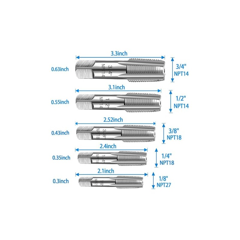 5 Piece NPT Pipe Tap Set, Carbon Steel Threading Plumbing