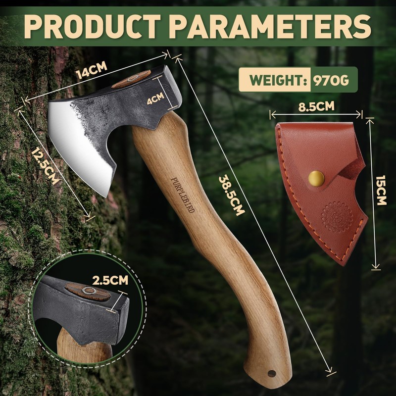 PURPLEBIRD Hatchet Axe with Sheath for Camping, 15 Inch Bushcraft