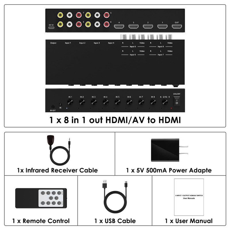 8-in-1 HDMI/AV Switch with Remote Control, 4K@60Hz 4:4:4, 4×HDMI &