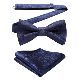 HISDERN Men's Bowtie, One-Touch Bowtie, with Chief, Adult, Weddings, Hook Type, Easy to Put on and Take Off, Adjustable, 17 Navy (Paisley)