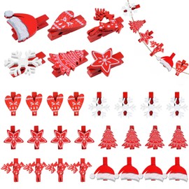 Christmas Card Pegs, 60pcs Mini Wooden Pegs with Jute String, Christmas Wooden Clips Photo Pegs, Christmas Card Holder Pegs for Photography Card Craft Ornaments Christmas Tree (6 Styles)